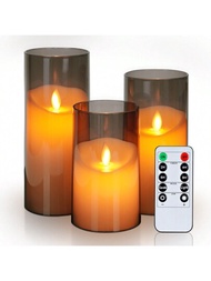 3入組3"x 5"6" 7" 灰色無火蠟燭,燃燒搖曳的移動氛圍,適用於電池操作的亞克力led柱狀蠟燭,帶遙控和計時器,用於家居裝飾