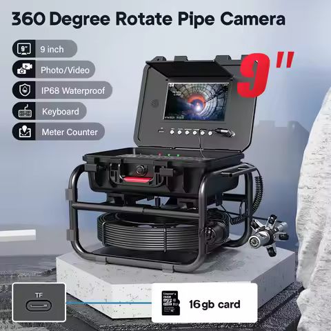 360 Rotating Sewer Pipe Inspection Camera 9″I nch IPS 1080P Screen Meter Counter Keyboard 32MM Camer