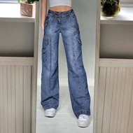 FABGIRLS Retro 90S Washed Fading Big Pocket Jeans All-Match Wide-Leg Slimmer Look Straight Trousers