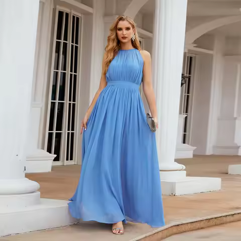 Sharon Said Elegant Halter Neck Chiffon Bridesmaid Dress Long A-Line Sleeveless Women's Wedding Part