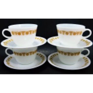 PYREX Tea Cups & CORELLE Saucers Butterfly Gold 8 pc Set Vintage Mugs & Plates