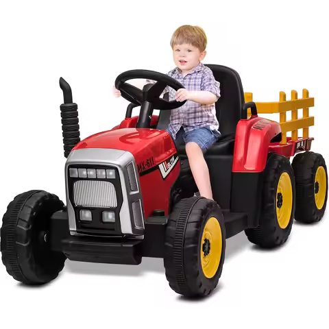 12V Electric Tractor Car with Trailer & Remote Control for Children Kids 3-6Y 7-LED Headlights,2+1 G