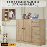 LUMA Living Children Wardrobe Clothes 5 Door Almari Baju Kanak Kanak Oak Color Cupboard Storage Cabinet with Hanging Rod