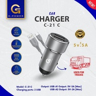 G-POWER Car Charger Set C21 – Dual Port USB-A (5V-3A & 5V-2A) + Type-C Cable | Suitable for All