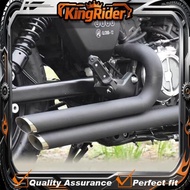 QJMOTOR SRV250V300S modified with VH angled exhaust pipes, right-side dual exhaust, producing a deep
