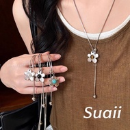 MATA [Custom] Necklace Tiger Eye Stone Flower PendantWanita Long PullTALI for Sweater E804
