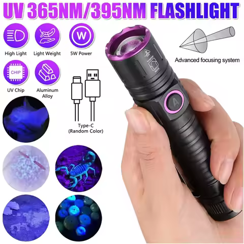 365/395nm UV Flashlight Zoom Type-c Rechargeable Aluminum Alloy Black Light for Pet Urine Detection 