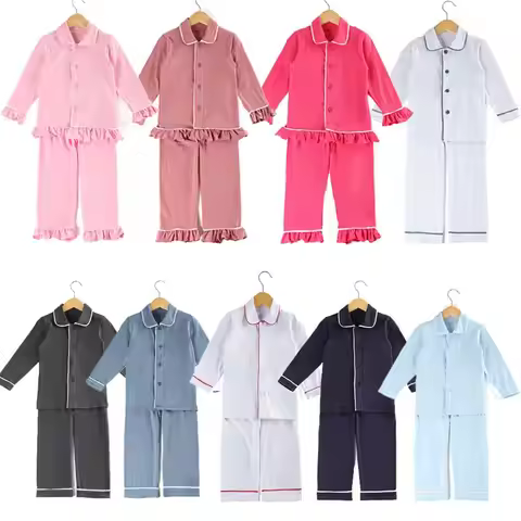 Mudbala Kids Fall Winter Cotton Pajamas Sibling Matching Boys Girls Ruffle Pyjamas Button Up Homewea