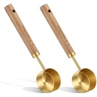 XLIUAX 2Pcs Stainless Steel Wood 1 Teaspoon Scoop, Wood Long Handle Coffee Scoop Gold Stainless Stee