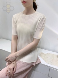 ∏♦❈ S-649 Average Size Summer T-Shirt Pleated Top Womens Pleated Clothes Slim Fit Short-Sleeved Roun