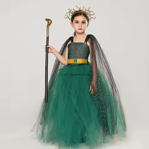 New Halloween Cosplay Costume Ancient Greek Basilisk Medusa Cosplay Dark Green Mesh Long Dress Women