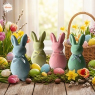 AHOUR Easter Bunny Statue, Solid Color Plush Flocked Rabbit Figures, Handmade Foam with Bow 3D Stand