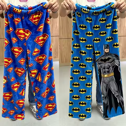DC Superhero Print Fluffy Pajama Pants Batman Superman Flannel Sleep Trousers Unisex Casual Homewear