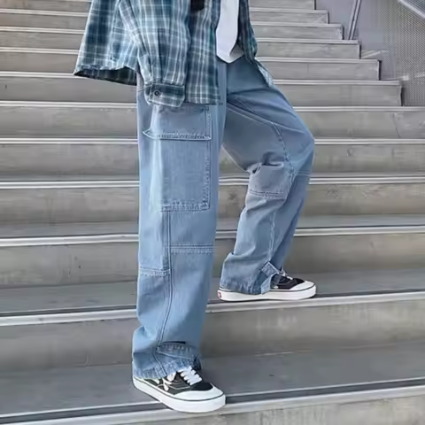 Cargo jeans Men Loose Straight Baggy Men's Jeans Mopping pants hip hop Streetwear Skateboard Neutral