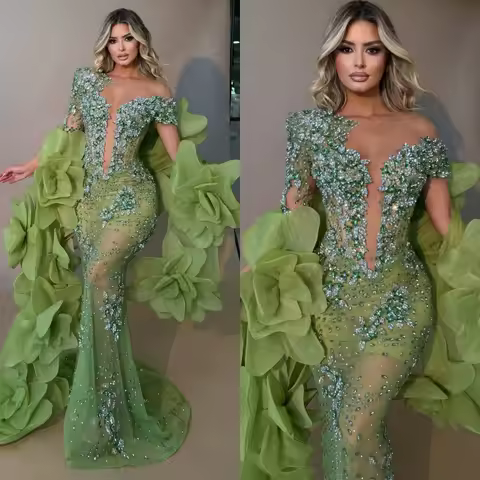 Shiny Evening Dresses Crystal Beading Prom Dress Detachable Cape See Through Long Sleeves Mermaid Pa