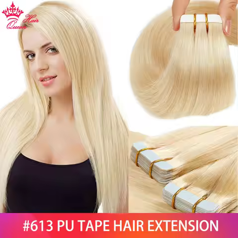 Queen Hair #613 Tape in hair Extension 100% Virgin Human hair Straight European Natural Seamless Ski