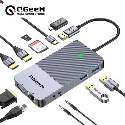 QGeeM USB 3.0 Docking Station, Triple Display USB Hub Dual Monitor, USB C Laptop Docking Station Com