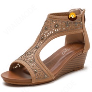 VRAIEMODE Hollow Wedge Sandals Peep Toe Roman Shoes Mid-Heel Non-slip Bohemian Sandals Lightweight L