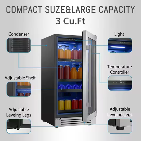 Under Counter Beverage Cooler 85L Built-in Refrigerator 80 Cans Fast Cooling 34°F-54°F 3.0 cu ft Sta