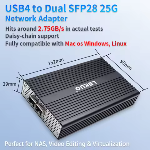 USB4 to Dual 25G SFP28 Network Adapter 40Gbps Compatible Thunderbolt 5 3 4, Aluminum Case for Mac Wi
