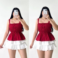 MICA O-101 3-Ribbons Top Cotton Linen Fabric Red & White Ruffled Skirt Fit for Small to Semi Large