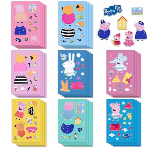 8 PCS Peppa Pig DIY Puzzle Stickers - Cartoon Animation Related Decorative Handmade Waterproof Wall 