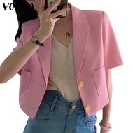 VONDA Women Korean Short Sleeves Turn-Down-Collar Side Pockets Blazer