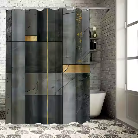 Luxury Marble Effect Shower Curtain Waterproof Bathroom Decor Gold Accents Large Size 72 x 84 Inches