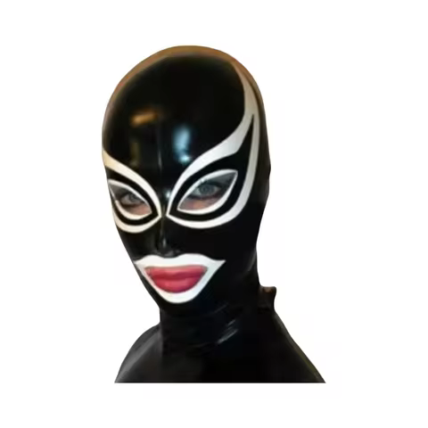 Black Latex Hood with Open Mouth, Eyes and Nostrils, White Rim on Eyes & Mouth, Eye Decorations, Bac