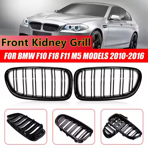 Glossy Black Pair Front Kidney Double Slat Grill Grille For BMW 5 Series F10 F11 F18 2010-2017 Dual 
