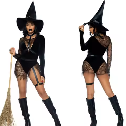New Arrival Women's Stylish Roleplay Witch Costumes Adult Lady Halloween Party Lingerie Bodysuit Nig