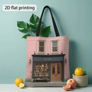 TEMU 1pc Or 2pcs Vintage Bookstore Tote Bag - Pink Bookstore Facade With Books Sign, Spacious Should