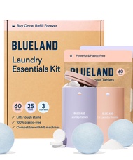 BLUELAND Laundry Essentials Kit - Plastic-Free Laundry Detergent Tablets, Oxi Booster, and Reuseable