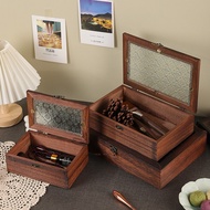 Retro Begonia Flower Multifunctional Glass Lid Solid Wood Storage Box Cosmetics Snacks Candy Documen