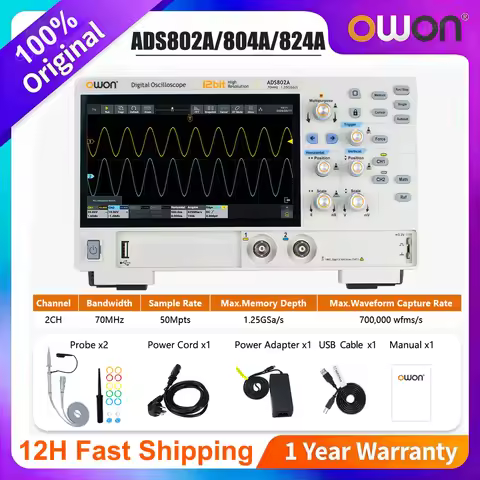 Owon 2CH/4CH digital oscilloscope ADS800A 70~200MHz 1.25GSa/s 500uV/div 12bits touchable fluorescenc