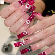 Long Square Rose Red Press on Nails  3D Press ons Gothic Gyaru Acrylic Nails for DIY Nail Design Art
