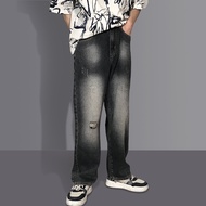 JOJO BOY พร้อมส่ง  กางเกงยีนส์ทรงตรงสไตล์วินเทจสีดำสำหรับผู้ชาย  ฮาราจูกุสไตล์สตรีทย้อนยุคแฟชั่นเสื้