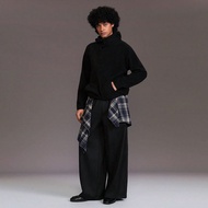 Men's Patchwork Wide Leg Pants With Plaid Tie-Knot Design,Button Closure, Autumn And Winter Streetwe
