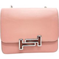 二手TOD'S雙 T 鏈條單肩包，粉紅色皮革，銀色五金配件。