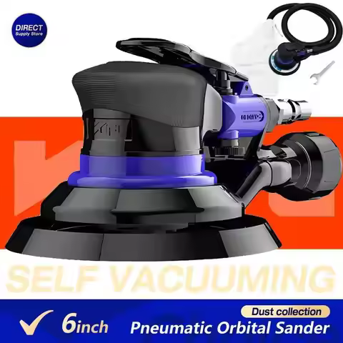 6" Industrial Pneumatic Orbital Sander Polisher – Self-Vacuuming Dust Extraction, 5mm Orbit, Air Pow