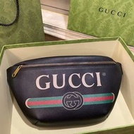 GUCCI 大容量條紋織帶 皮革 胸包 腰包 小號 男女同款 黑色