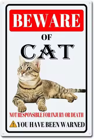 Cat Tin Sign Beware of Cat Metal Sign Funny Home Wall Decor Outdoor Warning Decorations Signs--Tin S