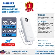 【3C Certified】PHILIPS DLP2205 Power Bank 20000mAh 22.5W Fast Charging,Built-in C+Lightning Cables,5 