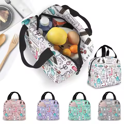 Portable Nurse Bag Insulated Lunch Bags Women Cute Nurse Print Food Case Tote Cooler Bento Bag for K