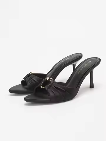 Summer Women's Stylish Elegant Satin Ruched Metal Round Buckle Open Toe Stiletto Heel Mule Sandals -