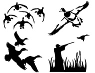 Duck Hunting Decals 4 Pack: Ducks Landing, Detailed Duck, Flying, Cattails (Black, Small ~3.5")