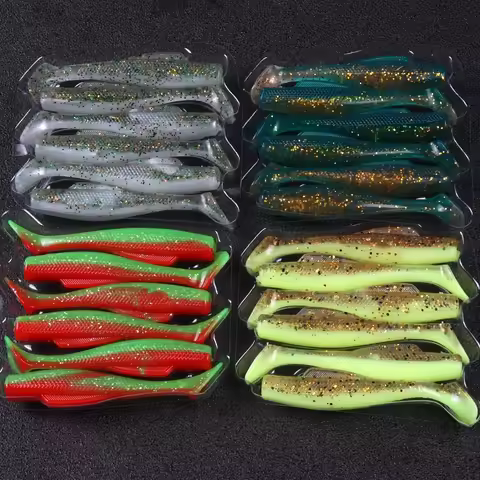 JOHNCOO 6pcs/lot Fishing Soft Lure TPR Bait 80mm 4.8g High Elastic T-tail Worm Black Hole Floating B