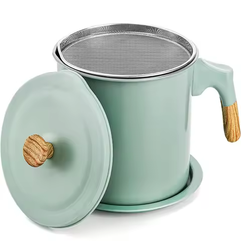 LMETJMA Bacon Grease Container with Strainer 1.4L Stainless Steel Oil Filter Pot Cooking Oil Storage
