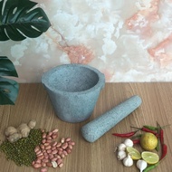 Set Of Stone Mortar + Monolithic Green Stone Pestle 14cm In Diameter