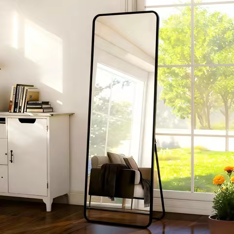Black Full Length Floor Mirror 59"x 16" Rectangular with round Edge Aluminum Alloy Frame for Home De